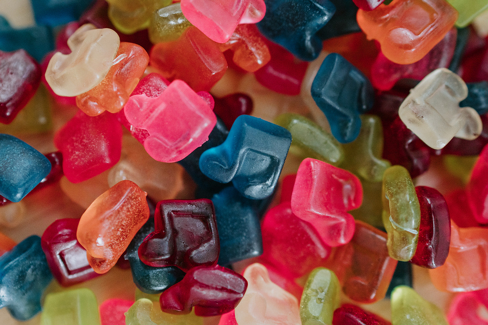 Close-up of colorful gummy music notes